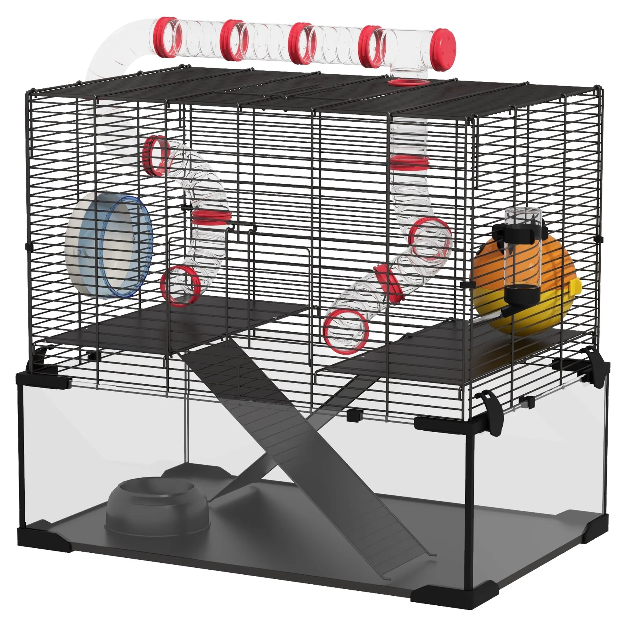 Gerbil Cage Dwarf Hamster Cage with Deep Glass Bottom Tunnels Hut Exercise Wheel 60 x 40 x 57cm