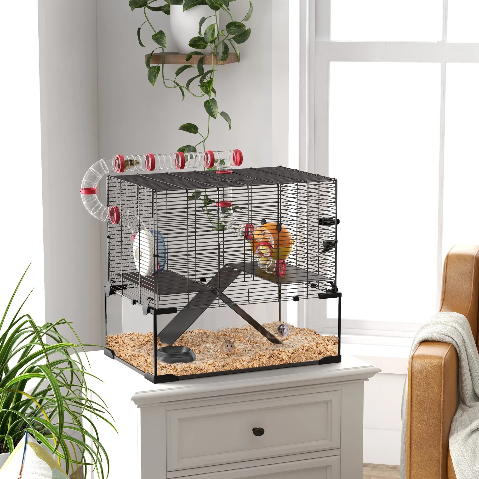 Gerbil Cage Dwarf Hamster Cage with Deep Glass Bottom Tunnels Hut Exercise Wheel 60 x 40 x 57cm