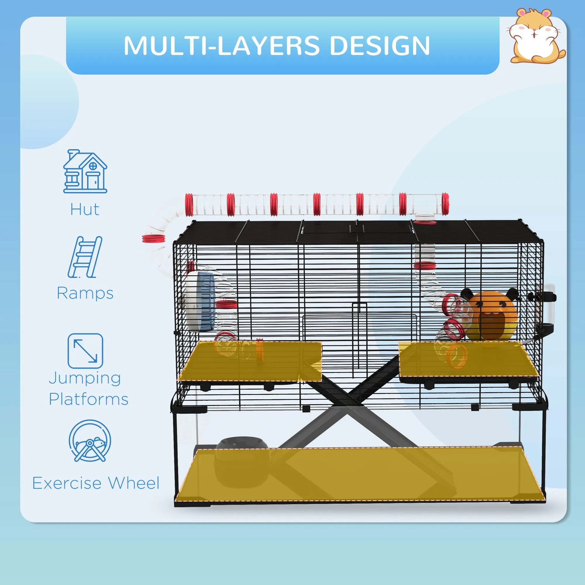 Gerbil Cage Dwarf Hamster with Deep Glass Bottom Tunnels Tubes Ramps Hut Exercise Wheel 78.5 x 48.5 x 57cm