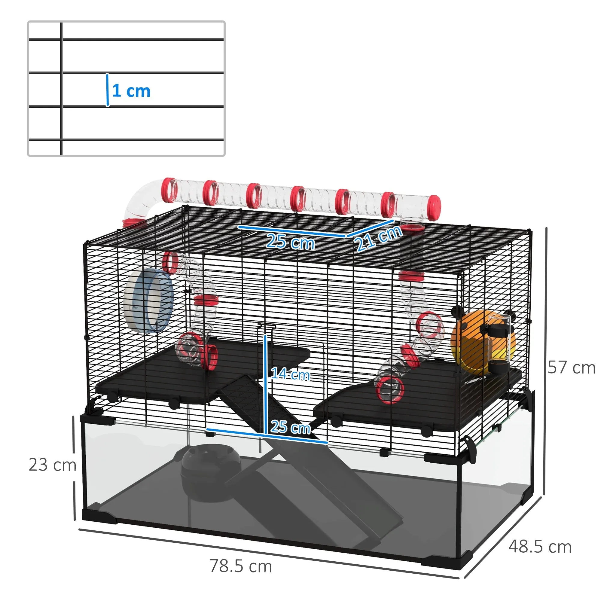 Gerbil Cage Dwarf Hamster with Deep Glass Bottom Tunnels Tubes Ramps Hut Exercise Wheel 78.5 x 48.5 x 57cm