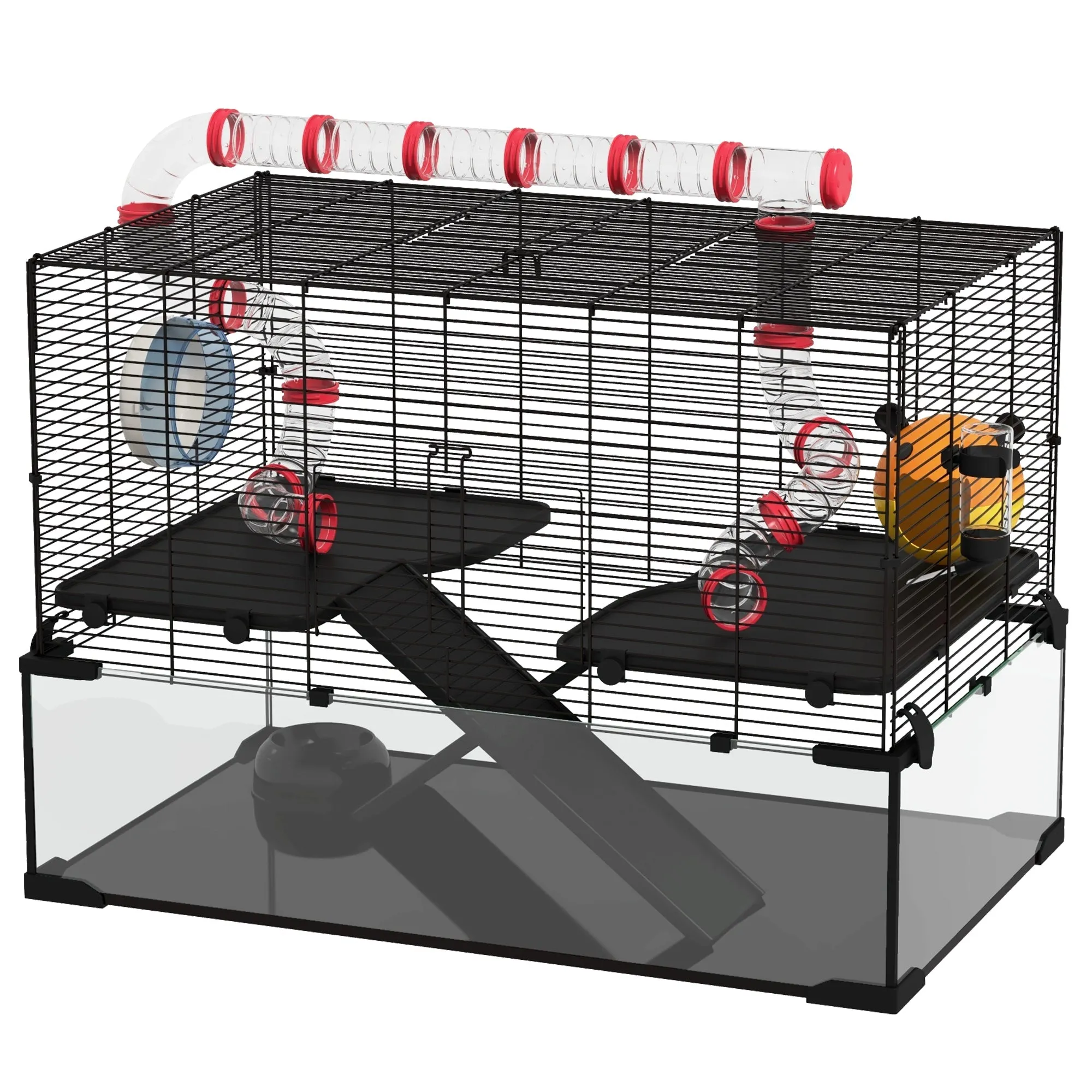Gerbil Cage Dwarf Hamster with Deep Glass Bottom Tunnels Tubes Ramps Hut Exercise Wheel 78.5 x 48.5 x 57cm