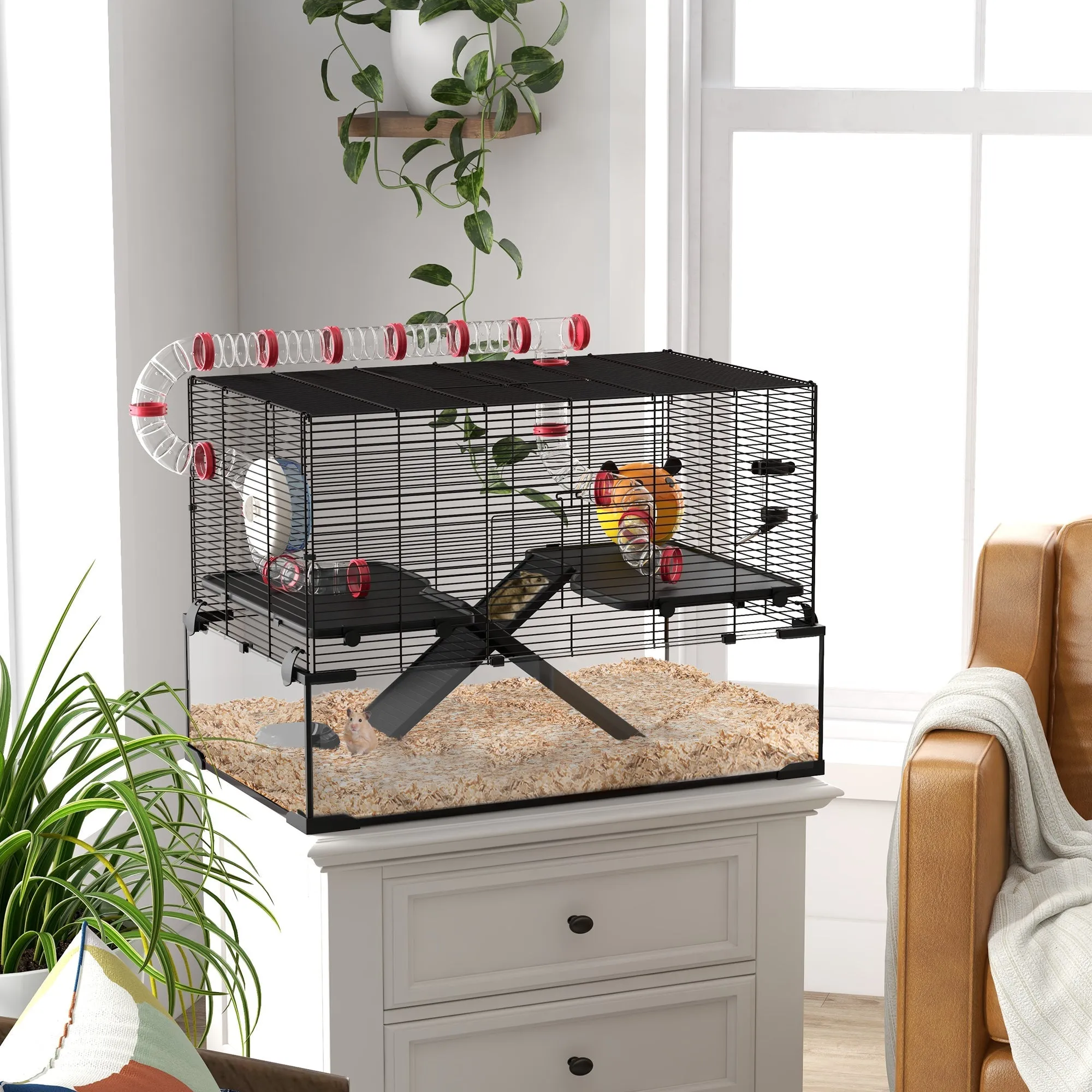 Gerbil Cage Dwarf Hamster with Deep Glass Bottom Tunnels Tubes Ramps Hut Exercise Wheel 78.5 x 48.5 x 57cm