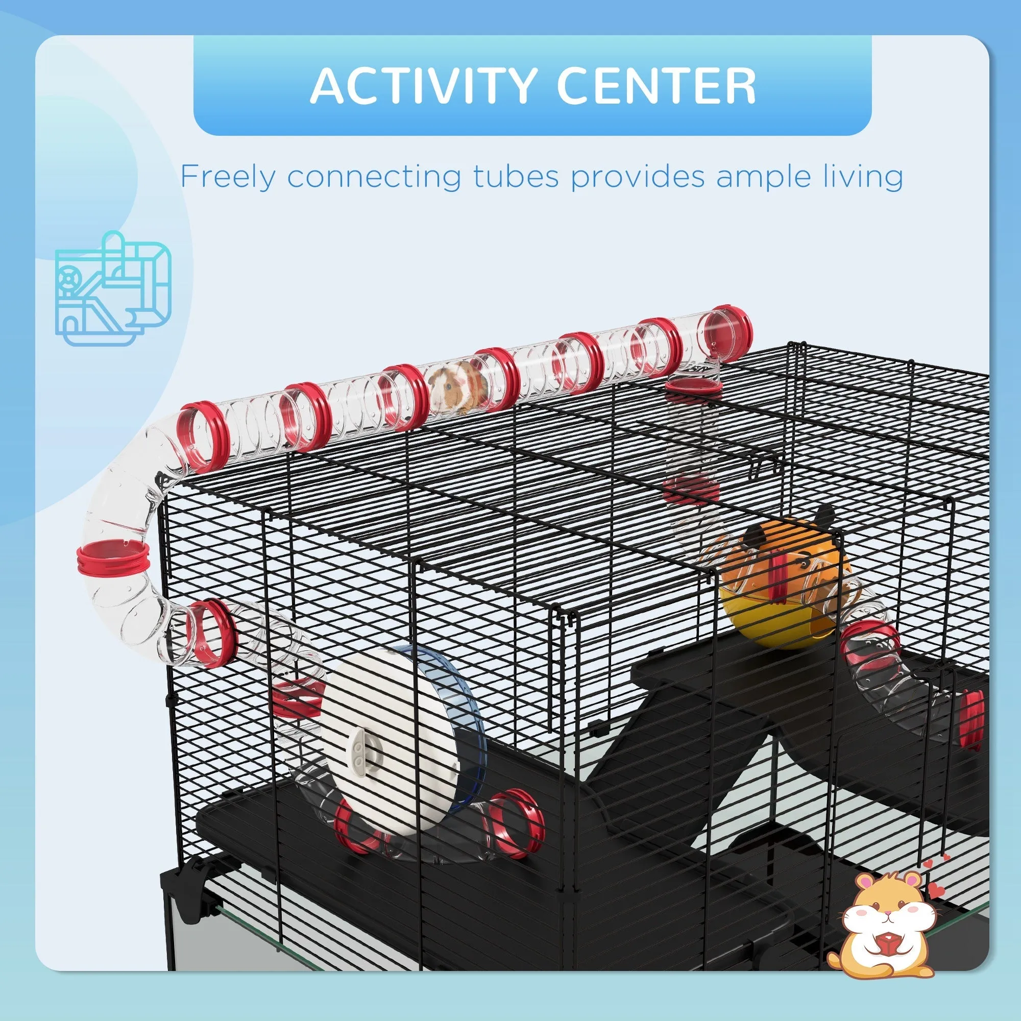 Gerbil Cage Dwarf Hamster with Deep Glass Bottom Tunnels Tubes Ramps Hut Exercise Wheel 78.5 x 48.5 x 57cm