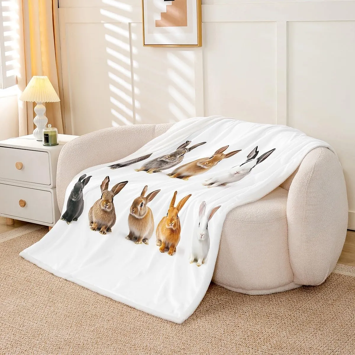 Girls Cute Rabbit Fleece Throw Blanket for Sofa Couch Daughter 3D Pet Animal Theme Sherpa Blanket Lovely Hare Plush Blanket Room Decor Rabbit Lover's Gift Warm Fuzzy Blanket Throw 50"x60"