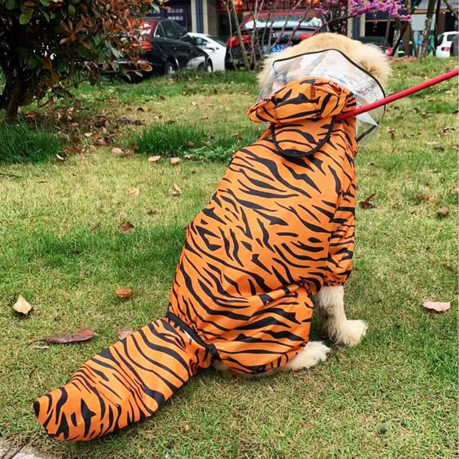 HDKUW Large Dog Raincoat with Leash Hole, Full Coverage Slicker Dog Rain Coat Hoodie, Animal Shape Waterproof Jacket for Small Medium Large Dogs Tiger 6XL