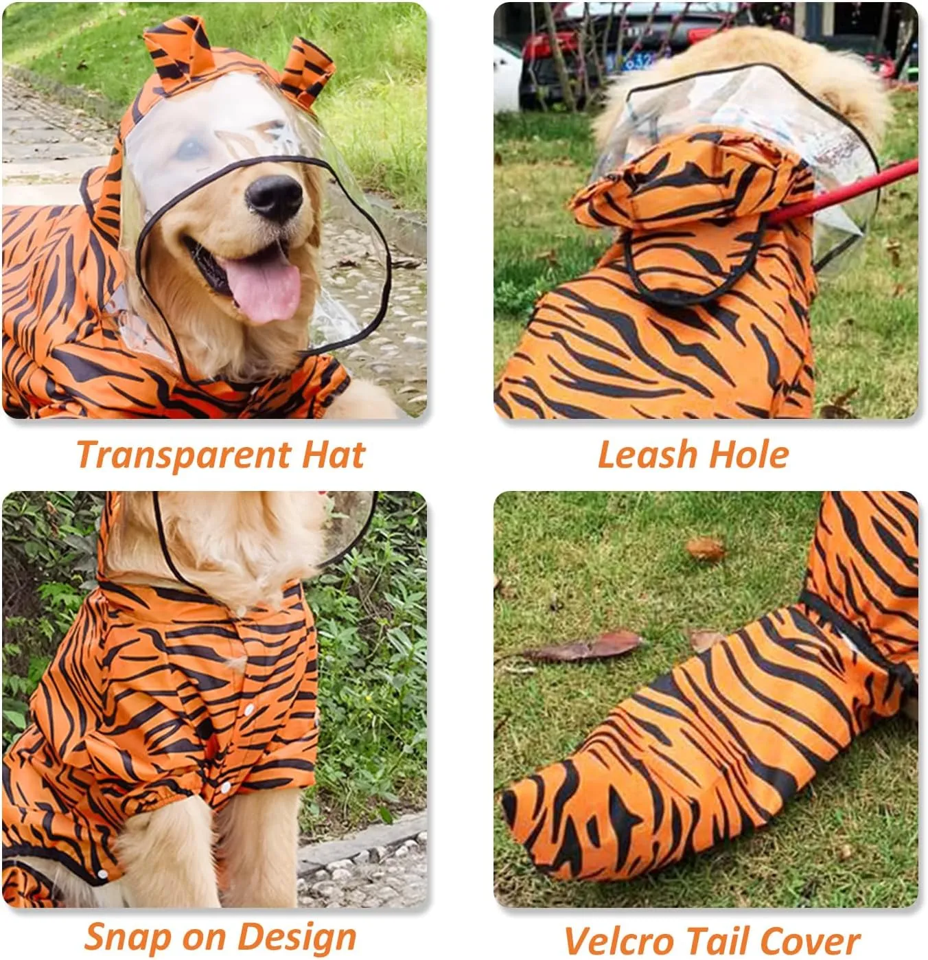 HDKUW Large Dog Raincoat with Leash Hole, Full Coverage Slicker Dog Rain Coat Hoodie, Animal Shape Waterproof Jacket for Small Medium Large Dogs Tiger 6XL