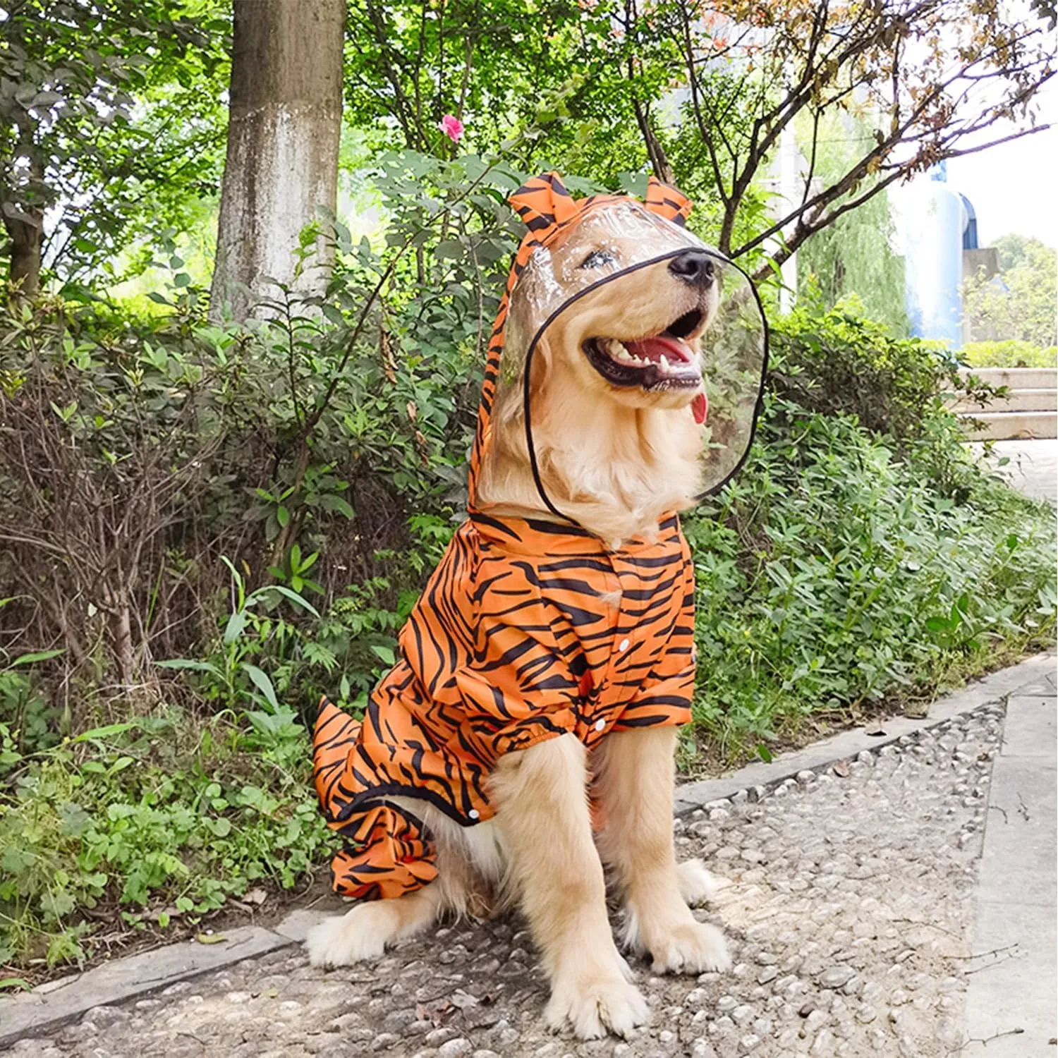 HDKUW Large Dog Raincoat with Leash Hole, Full Coverage Slicker Dog Rain Coat Hoodie, Animal Shape Waterproof Jacket for Small Medium Large Dogs Tiger 6XL