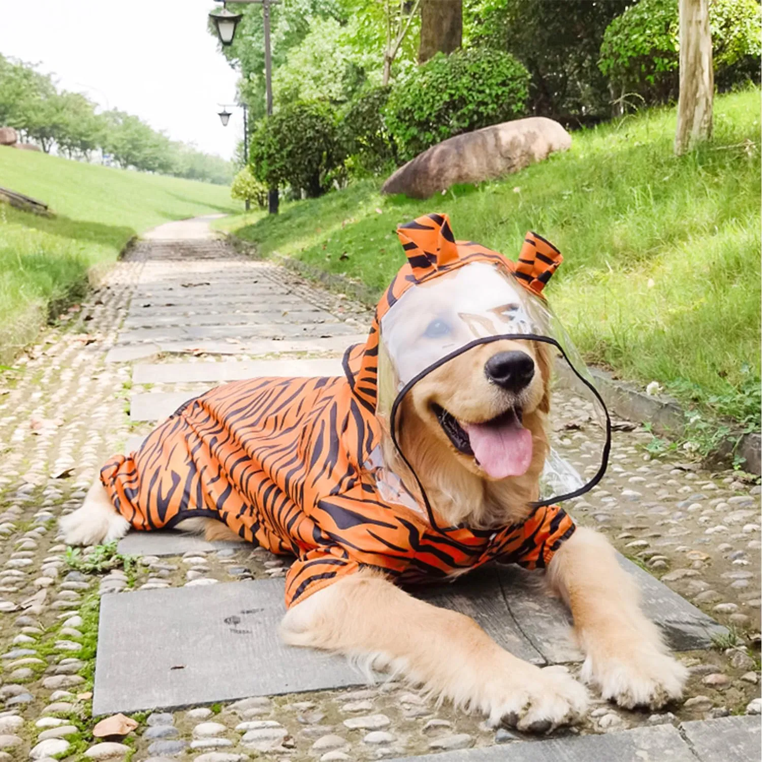 HDKUW Large Dog Raincoat with Leash Hole, Full Coverage Slicker Dog Rain Coat Hoodie, Animal Shape Waterproof Jacket for Small Medium Large Dogs Tiger 6XL