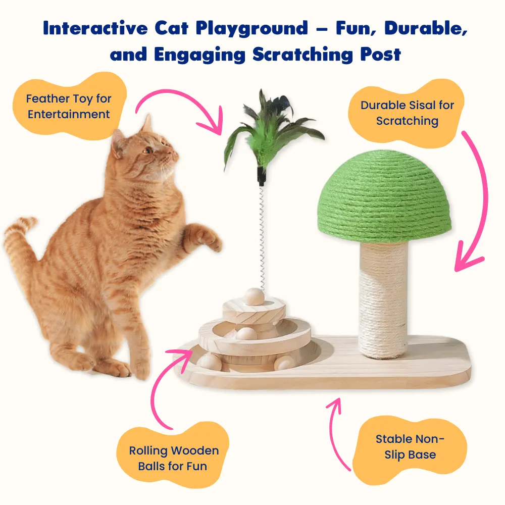 Interactive Cat Tree Scratching Post with Feather Toy & Wooden Balls