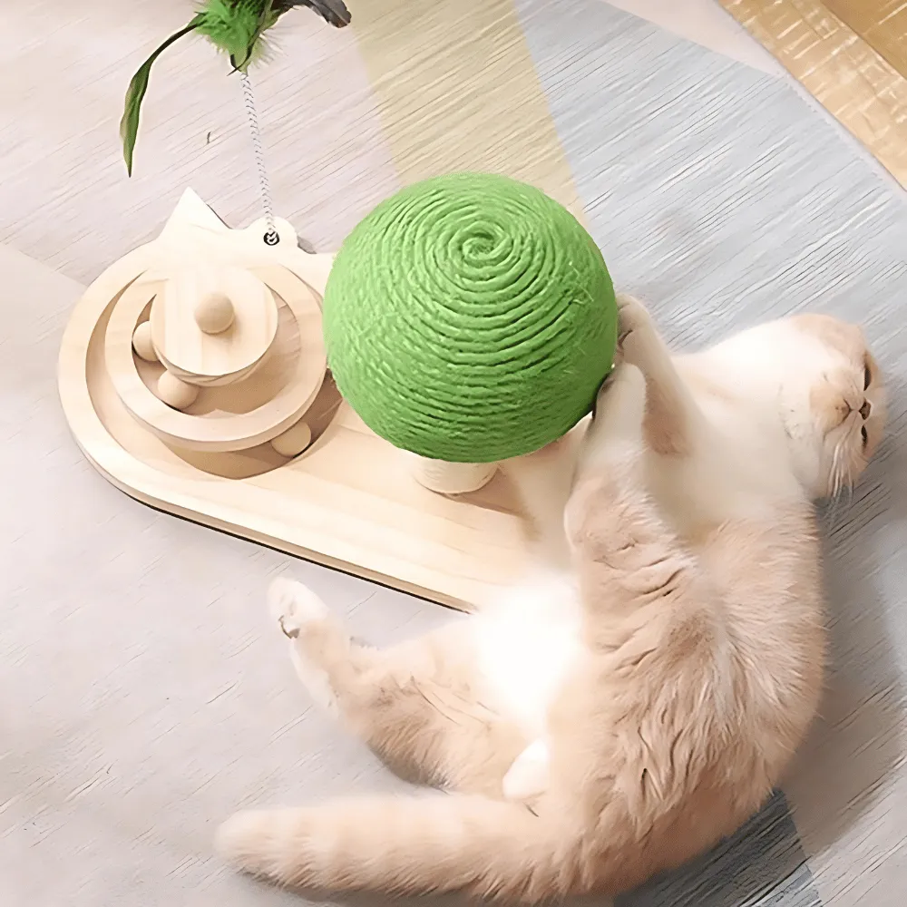 Interactive Cat Tree Scratching Post with Feather Toy & Wooden Balls