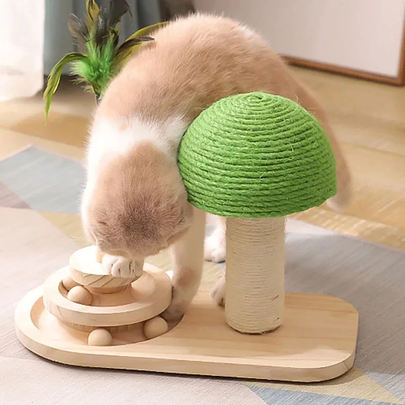 Interactive Cat Tree Scratching Post with Feather Toy & Wooden Balls