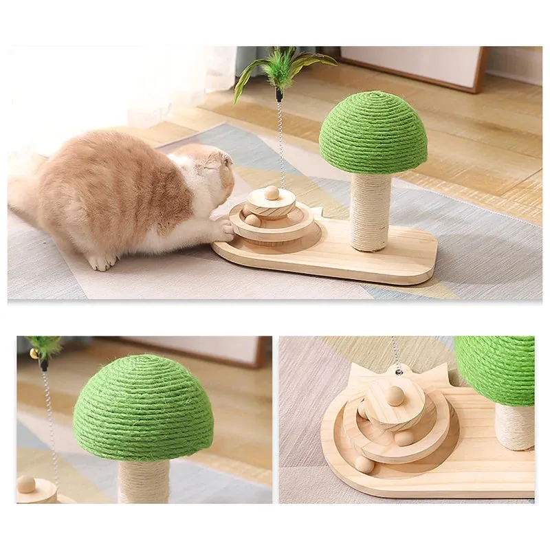 Interactive Cat Tree Scratching Post with Feather Toy & Wooden Balls