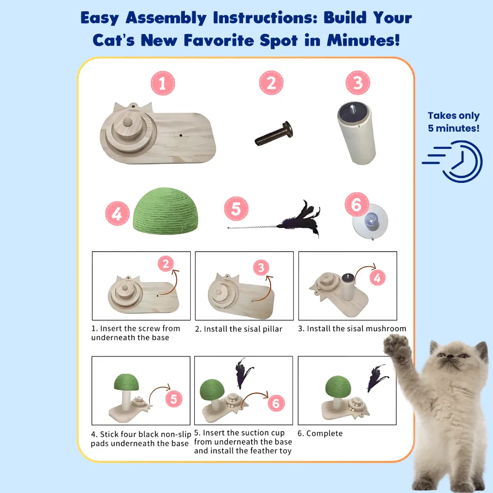 Interactive Cat Tree Scratching Post with Feather Toy & Wooden Balls