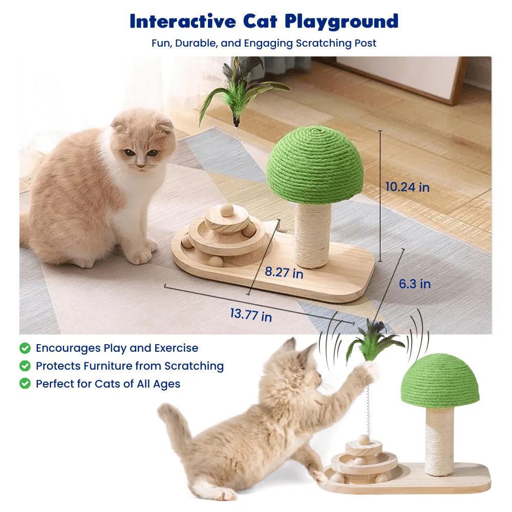 Interactive Cat Tree Scratching Post with Feather Toy & Wooden Balls