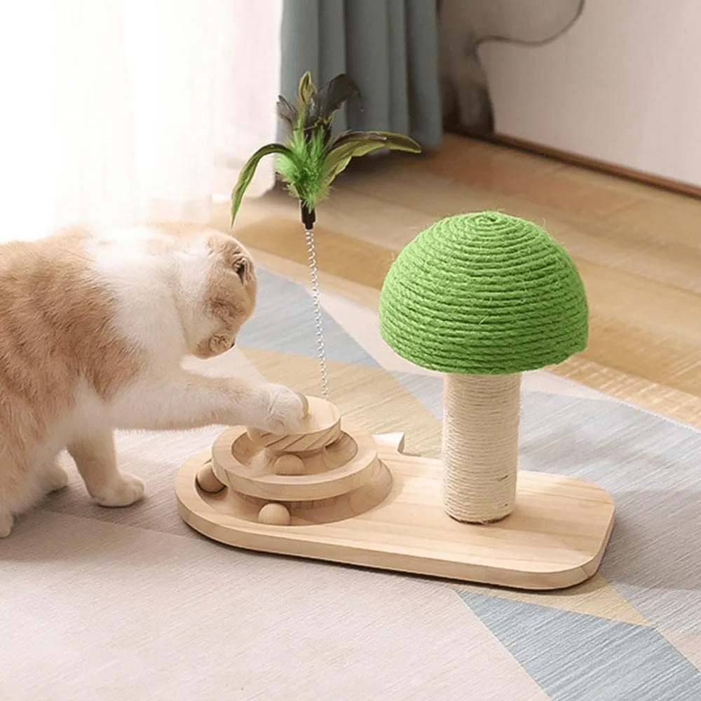 Interactive Cat Tree Scratching Post with Feather Toy & Wooden Balls