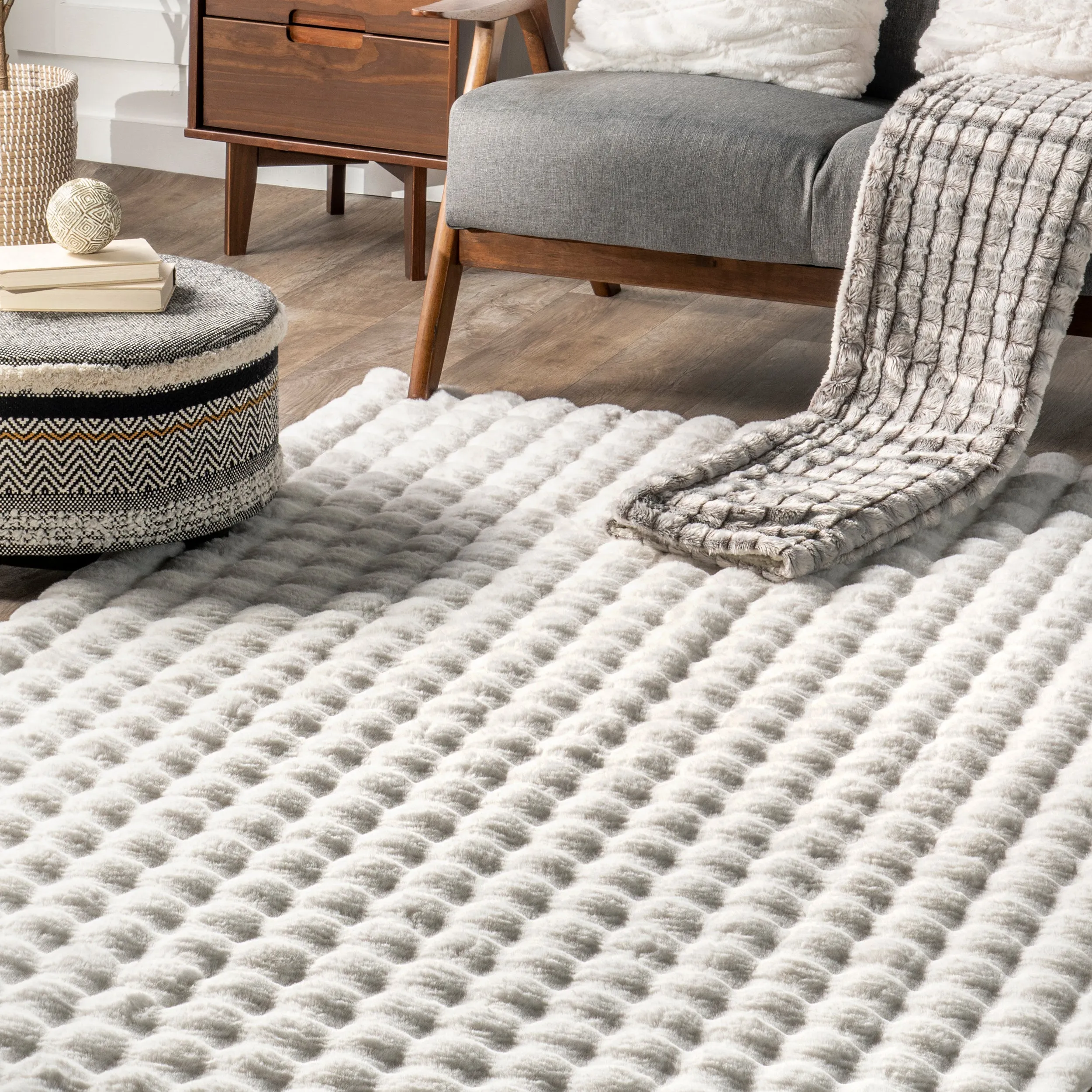 Jeni Solid Faux Rabbit Machine Washable Area Rug
