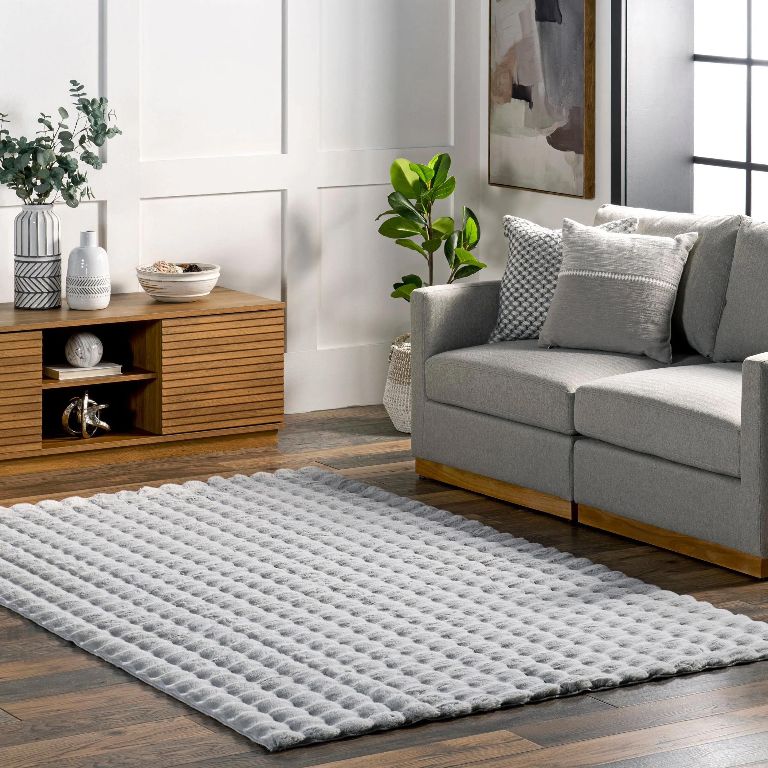 Jeni Solid Faux Rabbit Machine Washable Area Rug