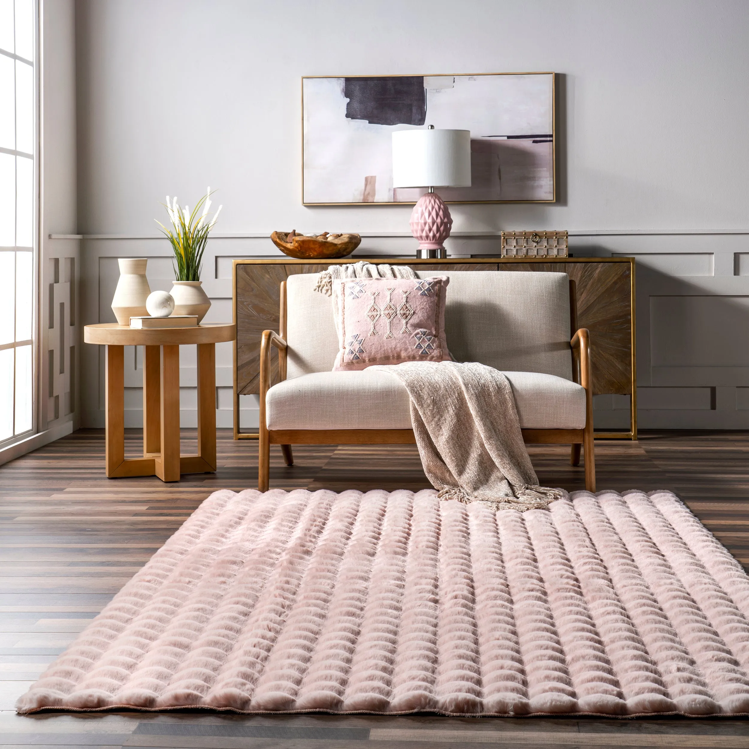 Jeni Solid Faux Rabbit Machine Washable Area Rug