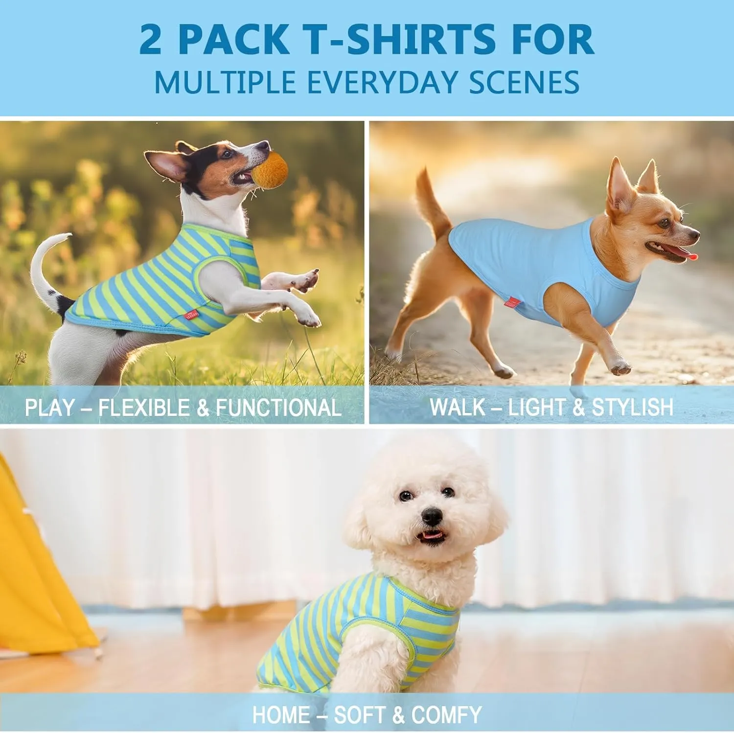 KYEESE 2Pack Dog Shirts Small Tee Soft for Small Dogs Striped T Shirt Lightweight Sleeveless Vest Cotton Tank Top Clothes, Large,Blue Striped