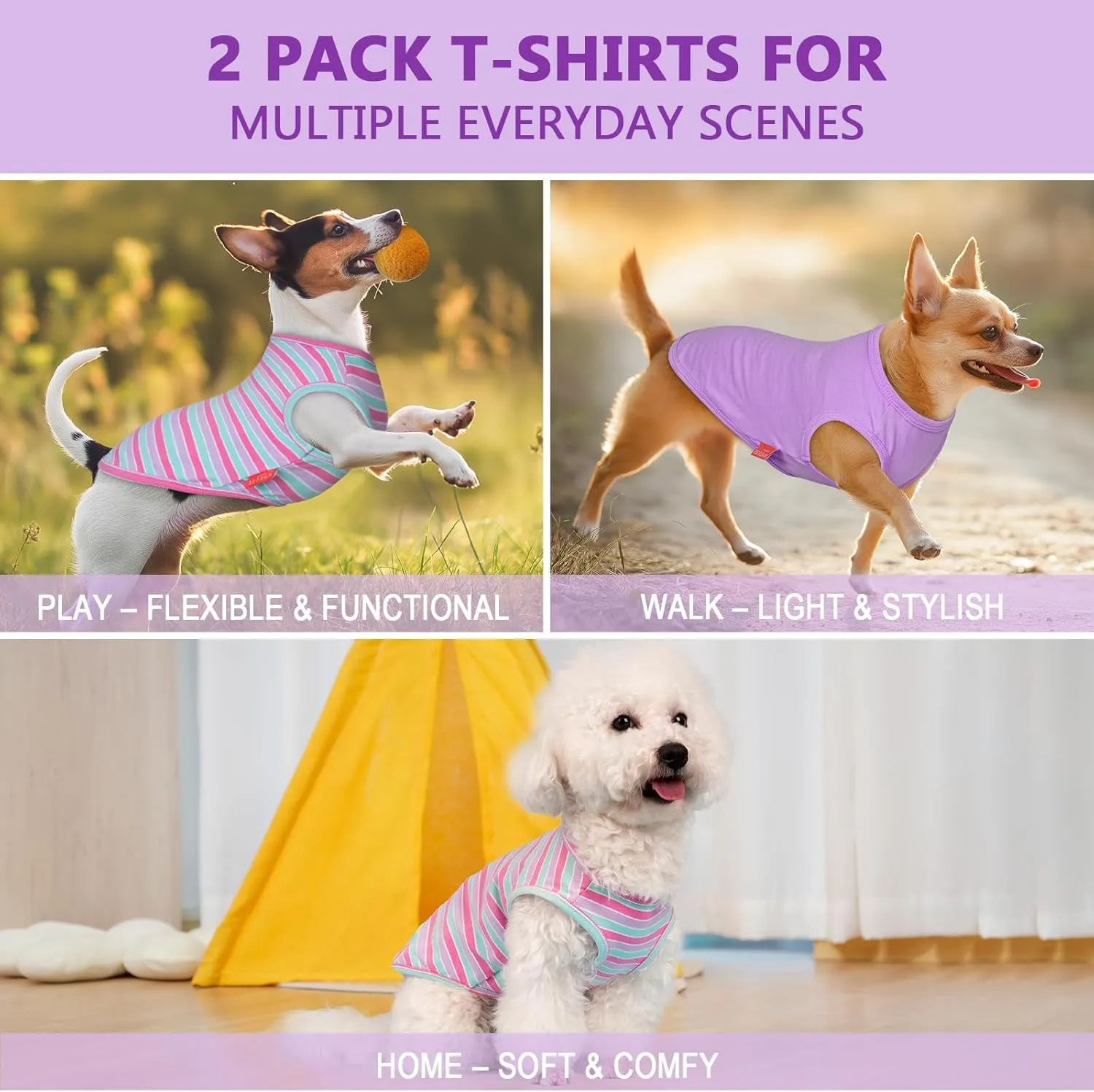 KYEESE 2Pack Dog Shirts Small Tee Soft for Small Dogs Striped T Shirt Lightweight Sleeveless Vest Cotton Tank Top Clothes, Large,Purple Striped