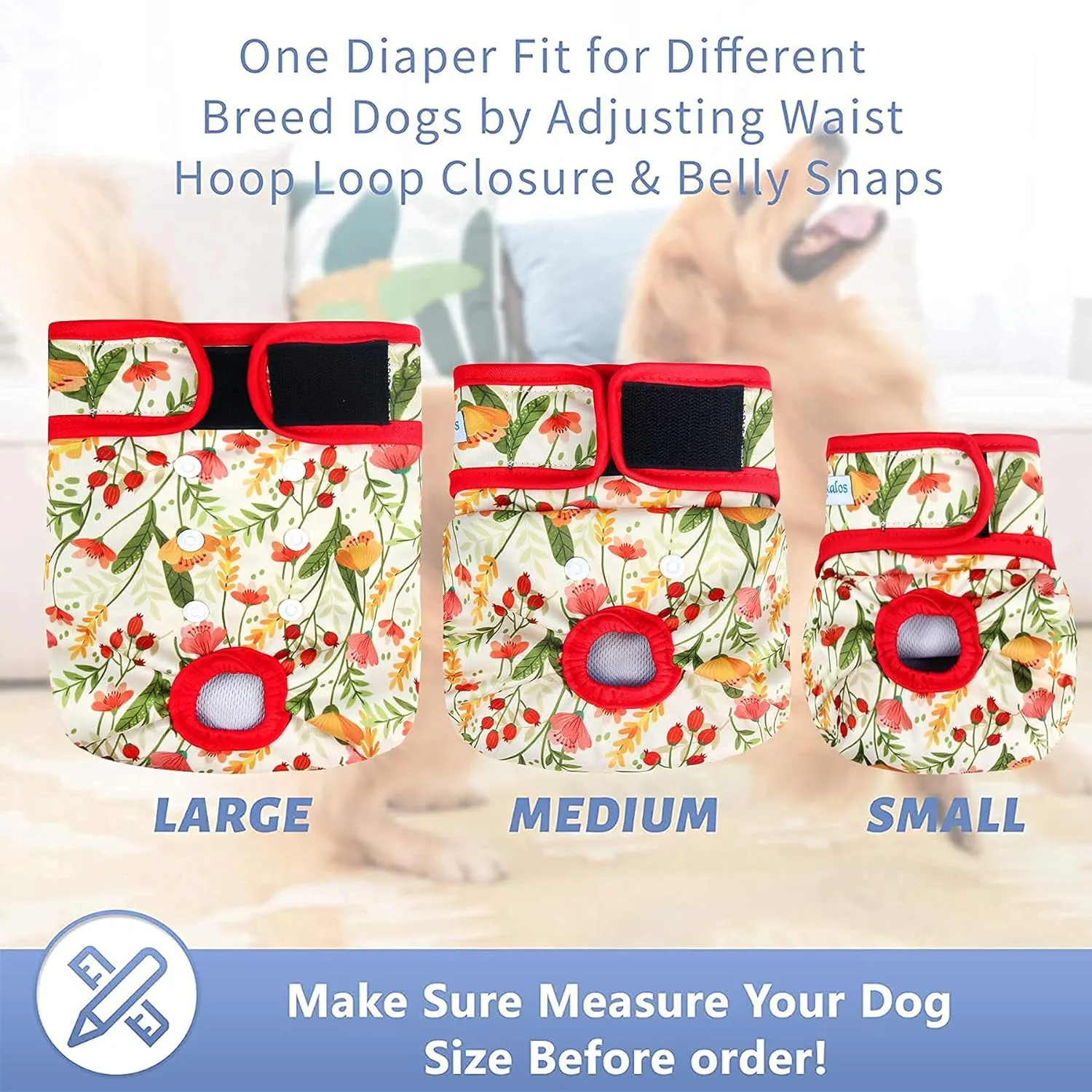 Leekalos Reusable Washable Dog Diapers Female (3 Pack) - Highly Absorbent Doggie Diapers - Size Adjustable Puppy Diapers for Dog Period Panties (Small, Flora)