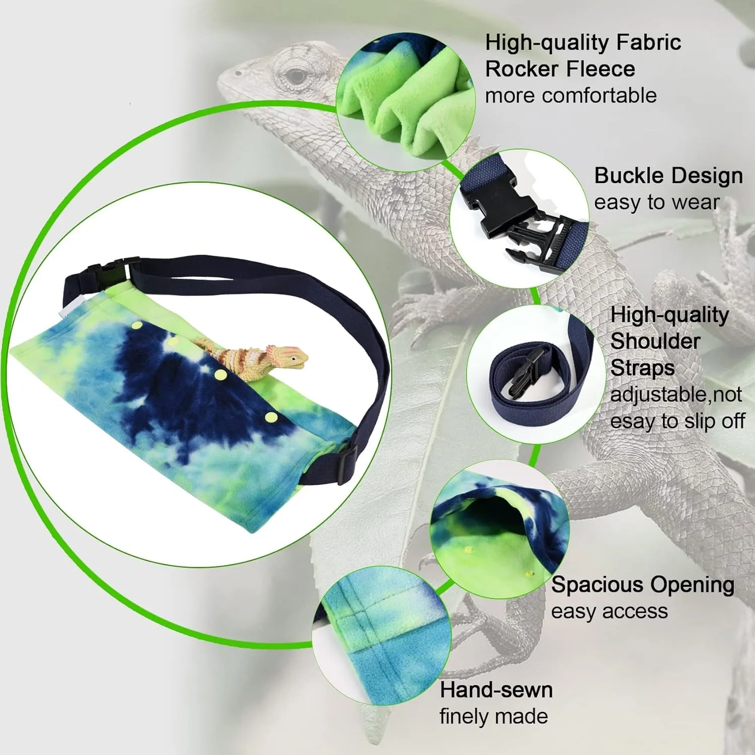 LIKZINWA Small Animal Sling Carrier, Bearded Dragon and Lizard Reptile Carrier With Adjustable Strap (Blue-Green)