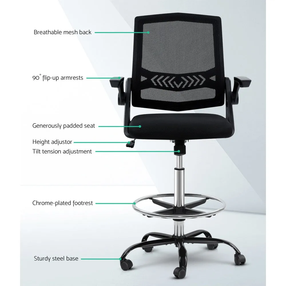 Mesh Drafting Office Chair, Adjustable Footrest, Black - Artiss