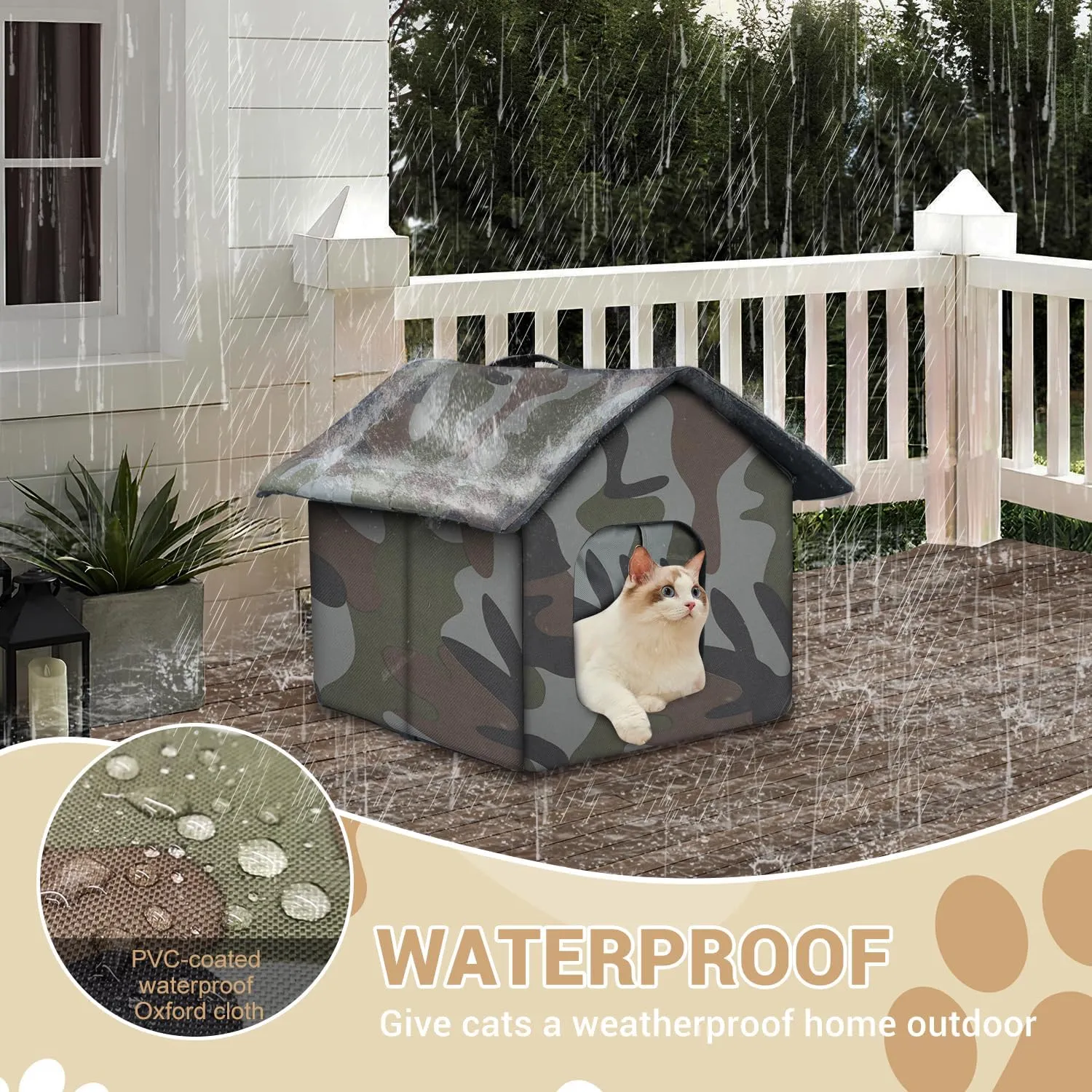 Outdoor Cat House Weatherproof, Weatherproof Feral Cat House with Mat and Doors, Warm Feral Cat with Door Curtain, Collapsible, Easy to Put Together