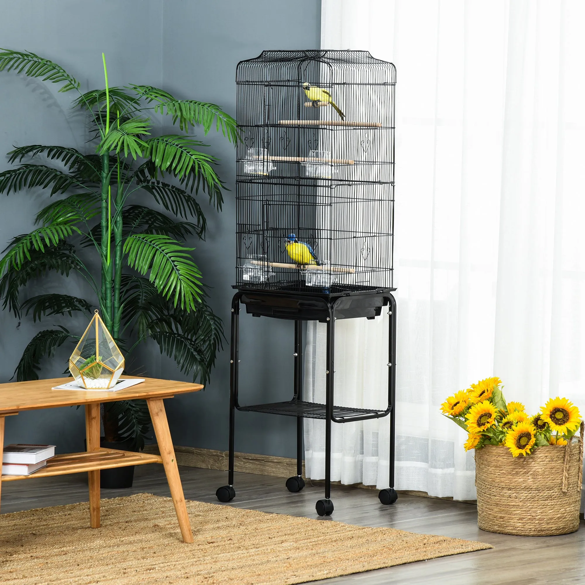PawHut Bird Cage for Budgie Finch Canary Parakeet W/ Stand Sliding Tray Black