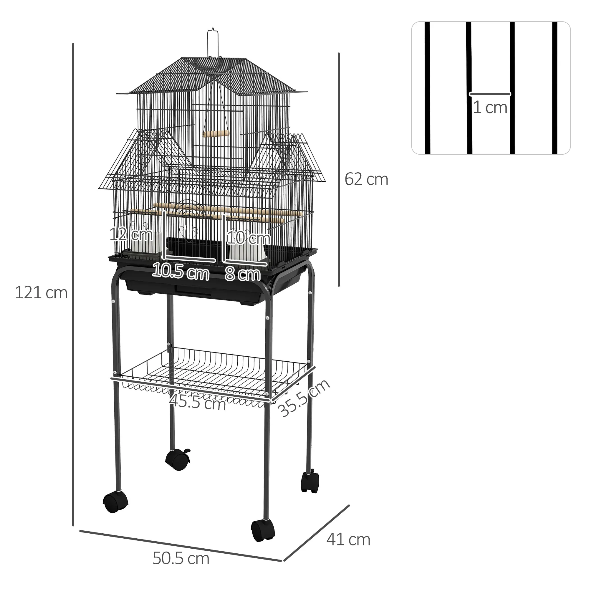 PawHut Metal Bird Cage w/ Perch, Food Container, Handle, for Finch, Canary