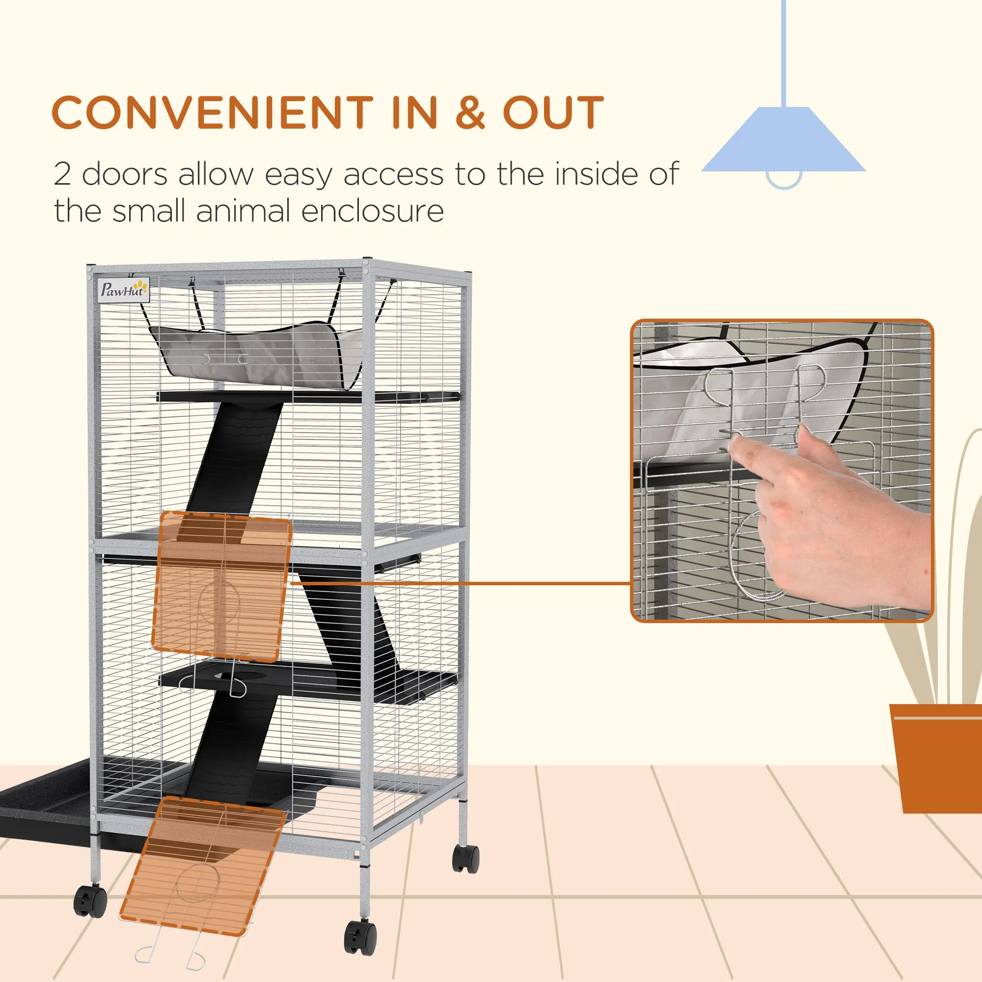 PawHut Rolling Small Animal Cage for Chinchillas Ferrets Kittens W/ Ramp Grey