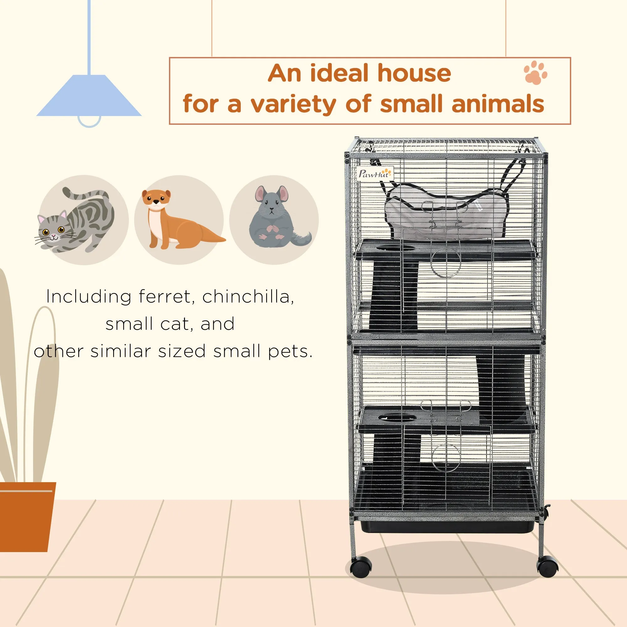 PawHut Rolling Small Animal Cage for Chinchillas Ferrets Kittens W/ Ramp