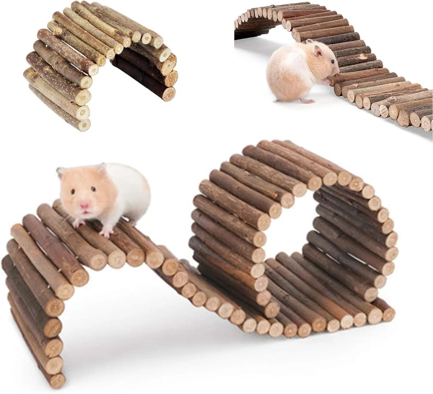 PINVNBY Hamster Suspension Bridge Ladder Rodents Natural Wooden Arch Bendable Bridge Chew Toy Long Climbing Ladder for Hamster Guinea Chipmunk Pig and Other Small Animals (2 Kinds Length)