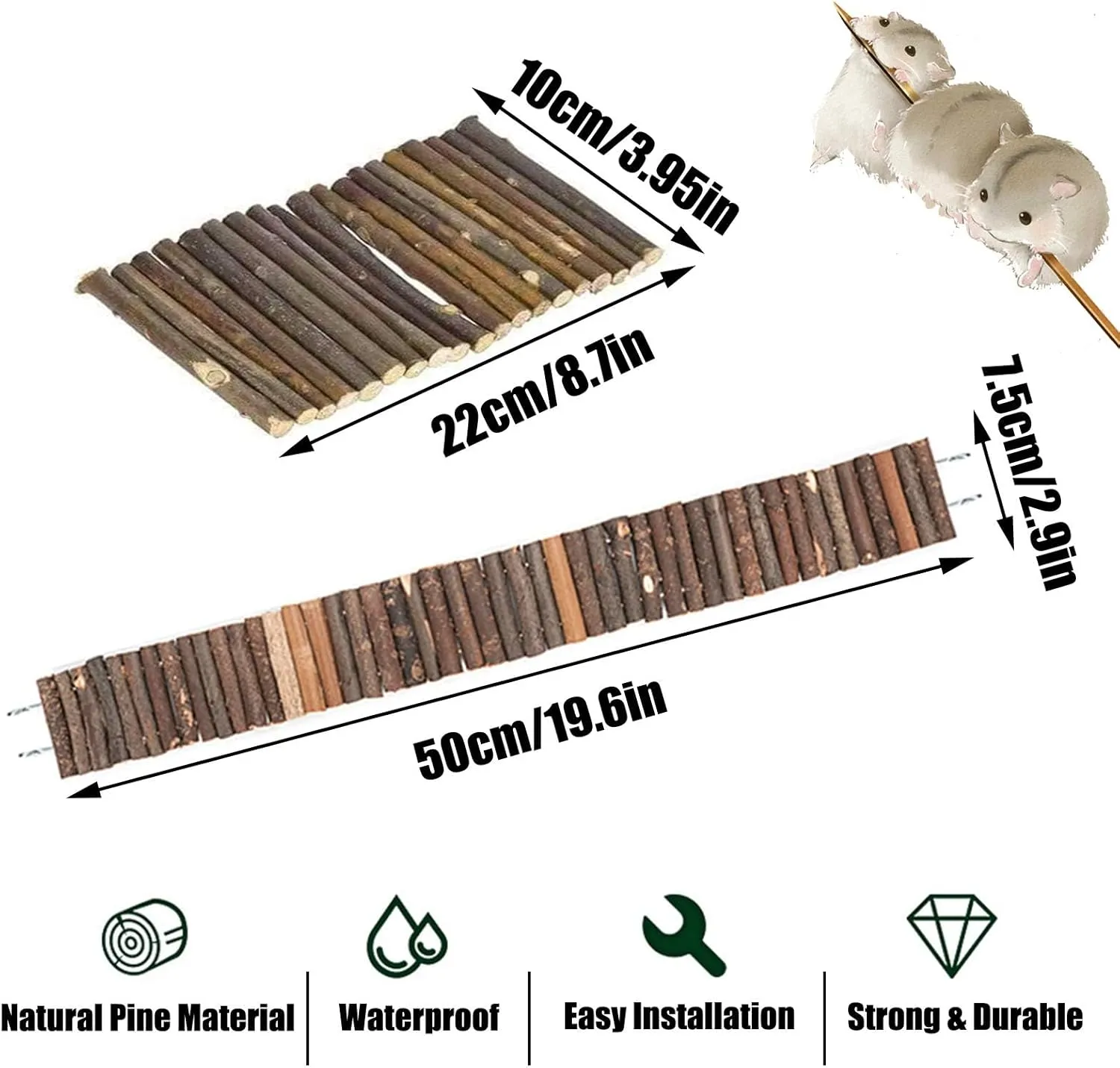 PINVNBY Hamster Suspension Bridge Ladder Rodents Natural Wooden Arch Bendable Bridge Chew Toy Long Climbing Ladder for Hamster Guinea Chipmunk Pig and Other Small Animals (2 Kinds Length)