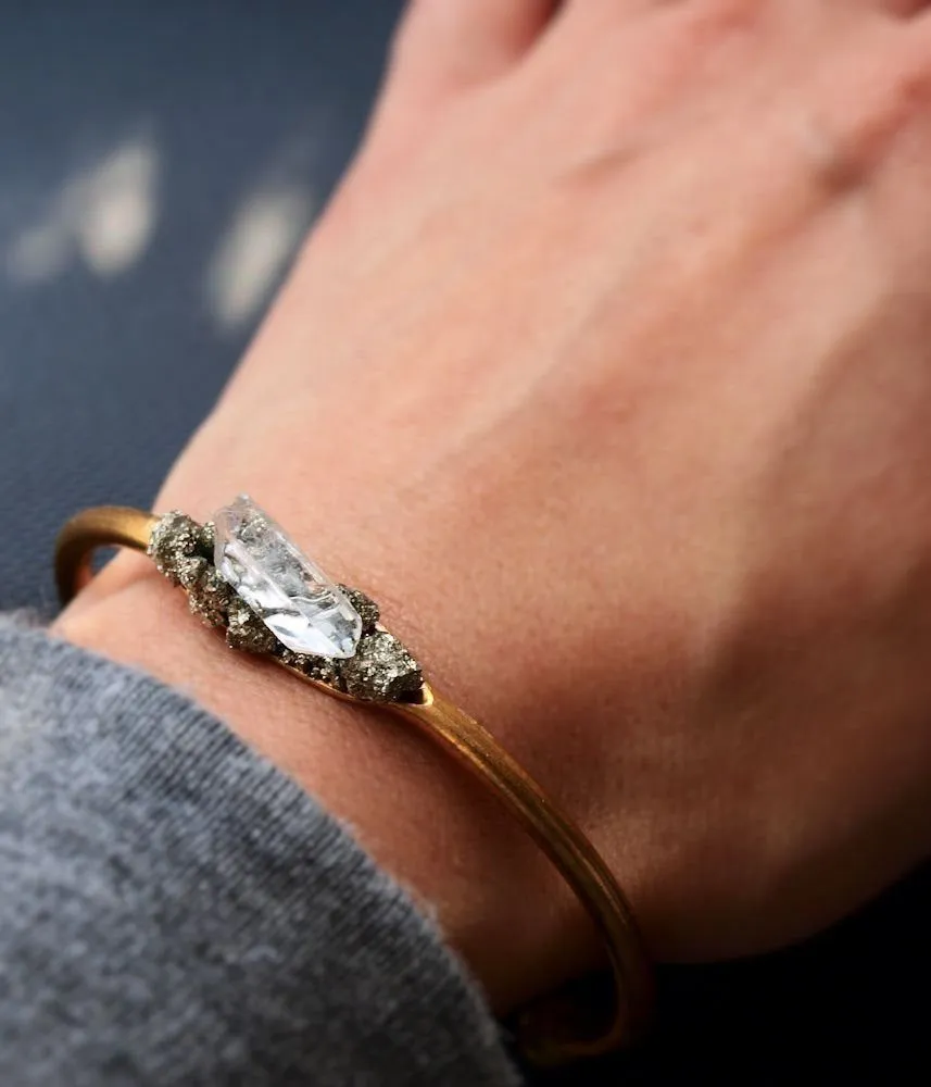 Pyrite and Quartz Gold Bangle, Pyrite Bracelet