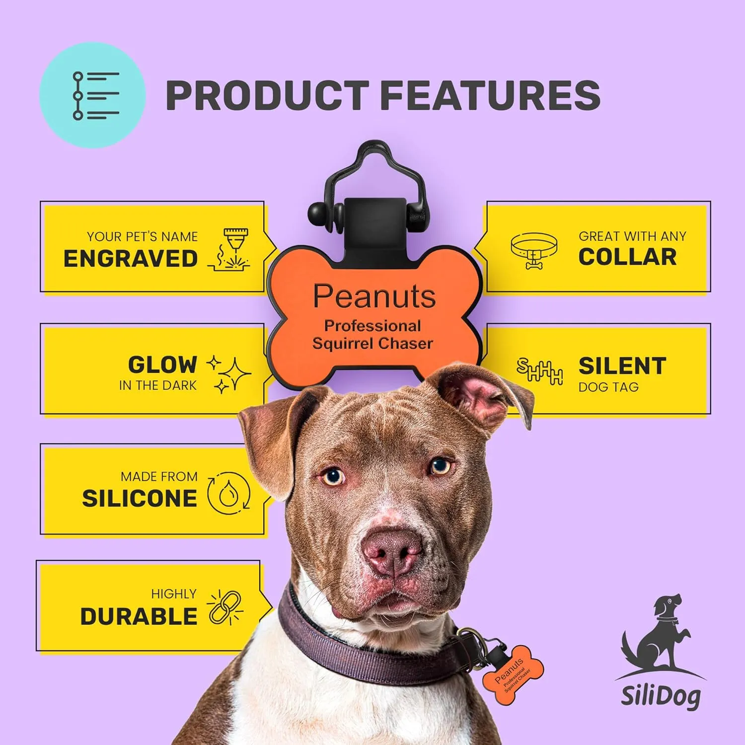 SiliDog - The Original Silicone Silent Dog Tag - Personalized Engraved Soundless Pet ID - As Seen On Shark Tank - Durable - Never Fades - Bone - Blue