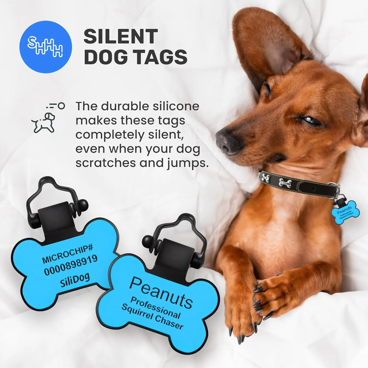 SiliDog - The Original Silicone Silent Dog Tag - Personalized Engraved Soundless Pet ID - As Seen On Shark Tank - Durable - Never Fades - Bone - Blue