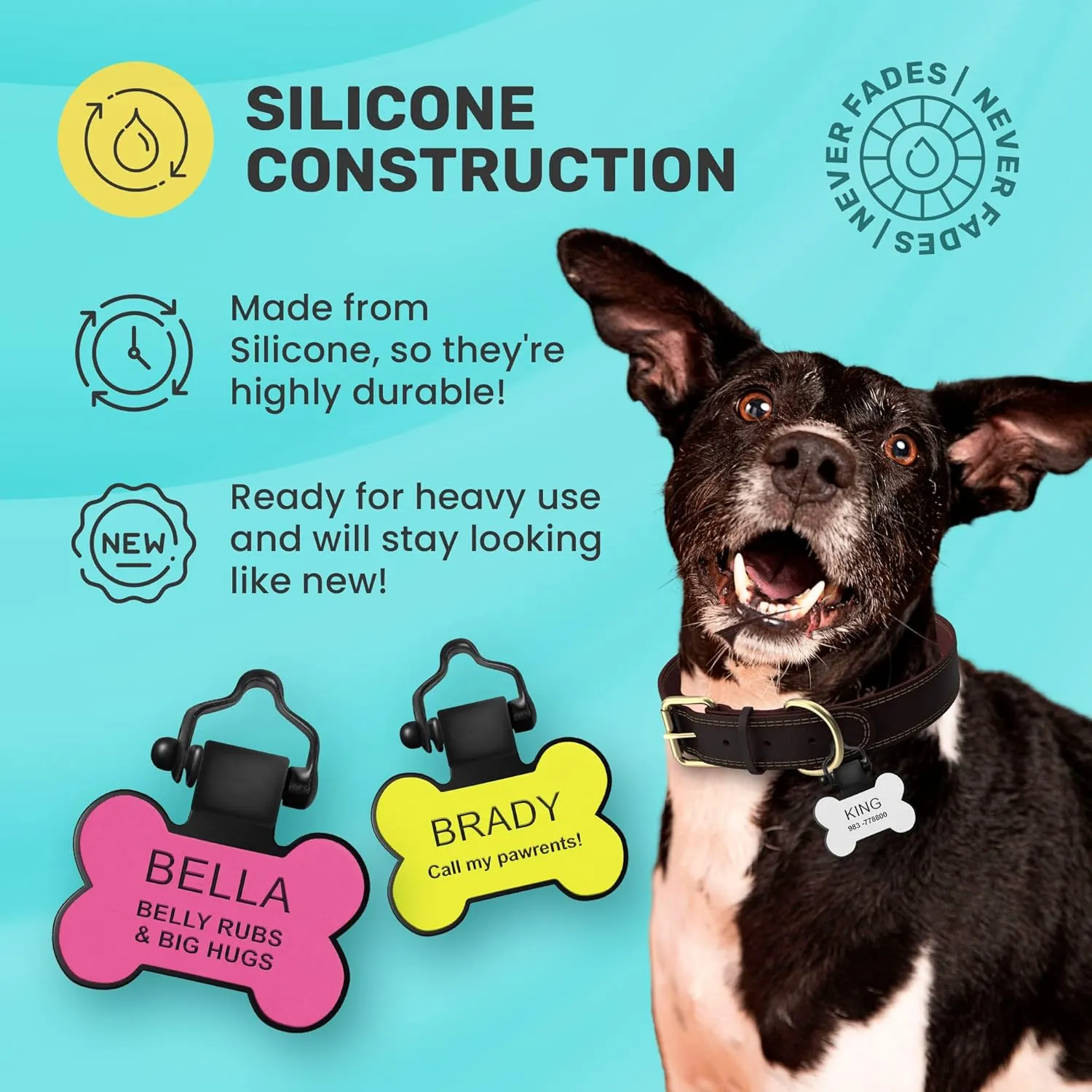SiliDog - The Original Silicone Silent Dog Tag - Personalized Engraved Soundless Pet ID - As Seen On Shark Tank - Durable - Never Fades - Bone - Blue