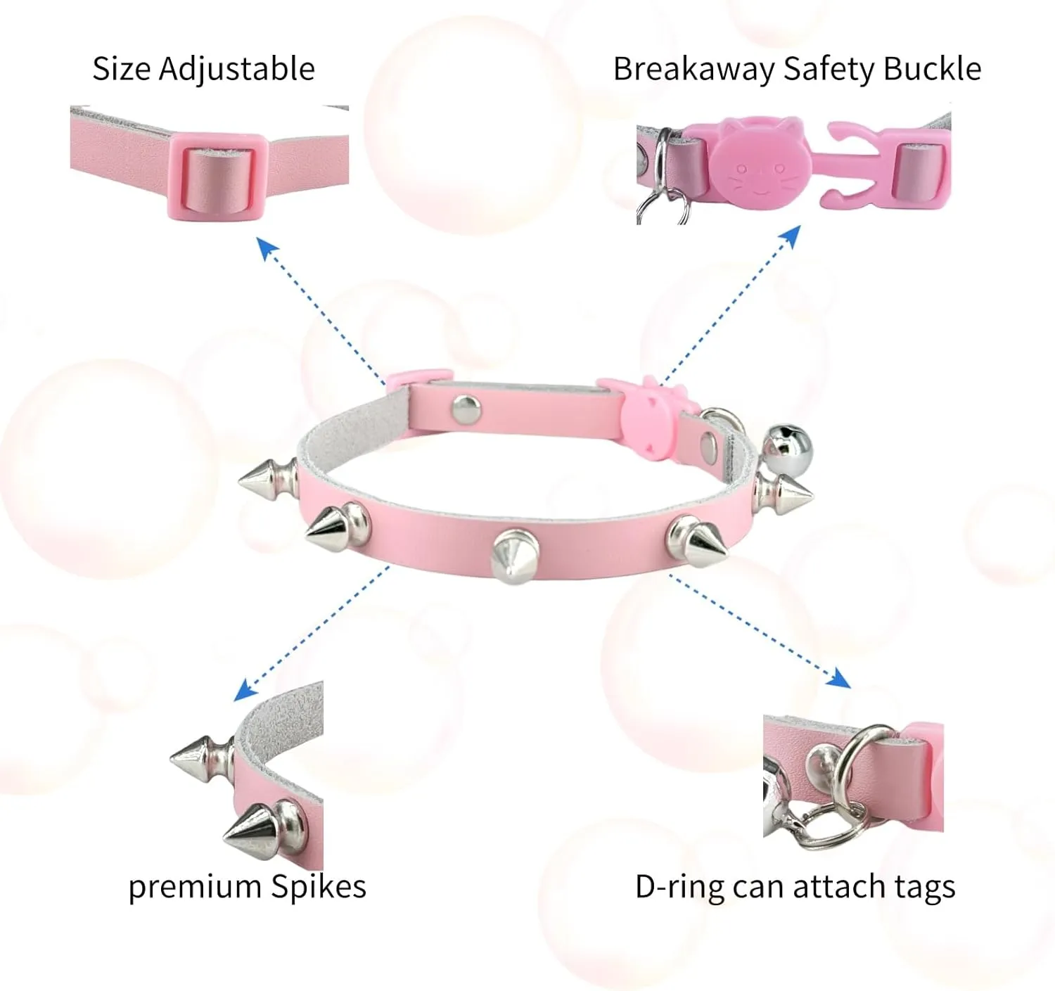 Spiked Cat Collar with Bells, Breakaway Genuine Leather Protective Collar for Kitty, Studs Spikes Punk Style Adjustable for Girl Boy Kittens Small Bunny Rabbit, 10"-12" Pink