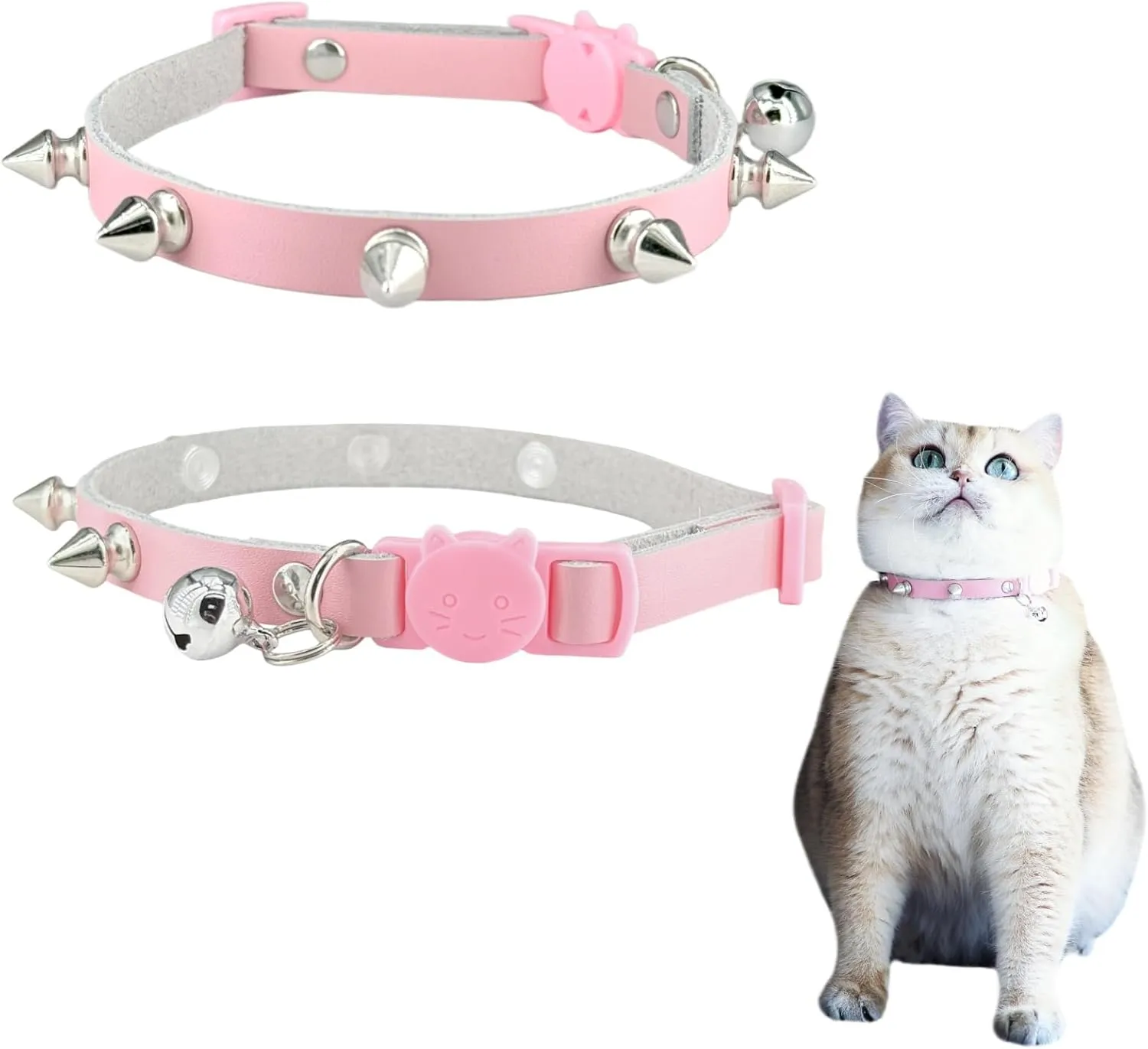 Spiked Cat Collar with Bells, Breakaway Genuine Leather Protective Collar for Kitty, Studs Spikes Punk Style Adjustable for Girl Boy Kittens Small Bunny Rabbit, 10"-12" Pink