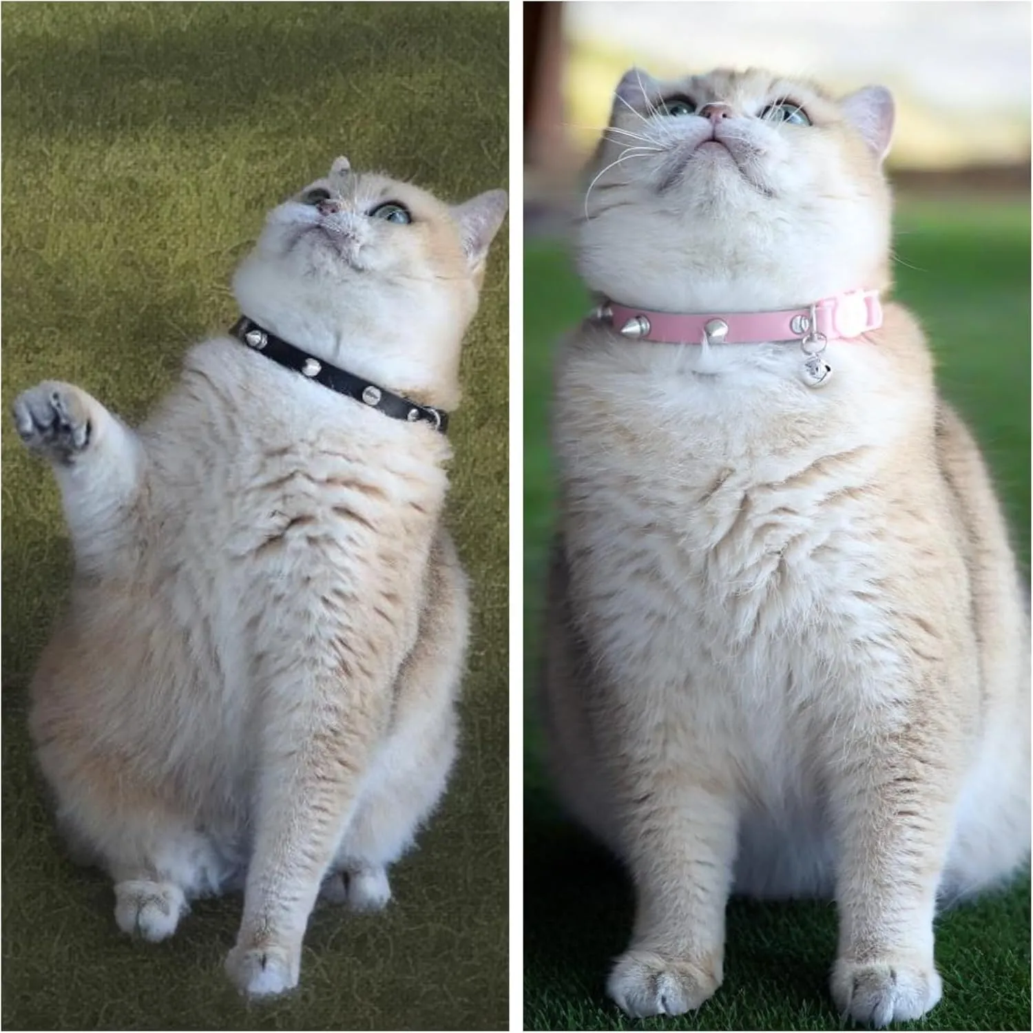 Spiked Cat Collar with Bells, Breakaway Genuine Leather Protective Collar for Kitty, Studs Spikes Punk Style Adjustable for Girl Boy Kittens Small Bunny Rabbit, 10"-12" Pink
