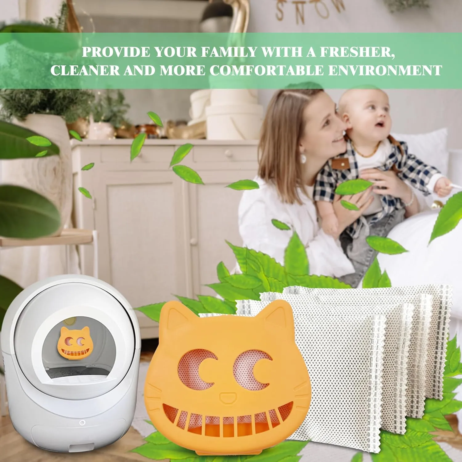 Unscented Cat Litter Box Deodorizer Kit Stick-On Activated Carbon Odor Eliminators Compatible with most manual and automatic litter boxes (4 Refills  1 Box) (Orange, Unscented)