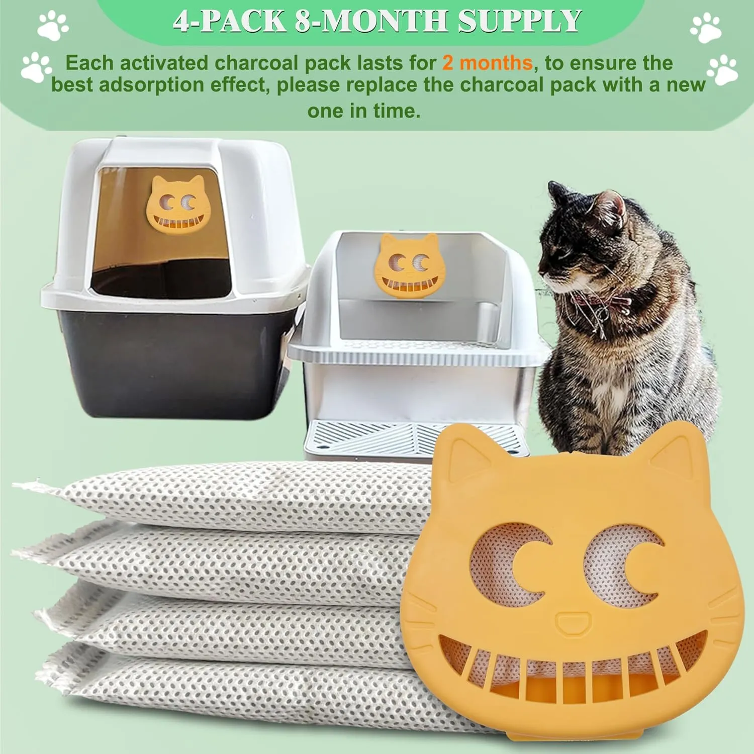 Unscented Cat Litter Box Deodorizer Kit Stick-On Activated Carbon Odor Eliminators Compatible with most manual and automatic litter boxes (4 Refills  1 Box) (Orange, Unscented)
