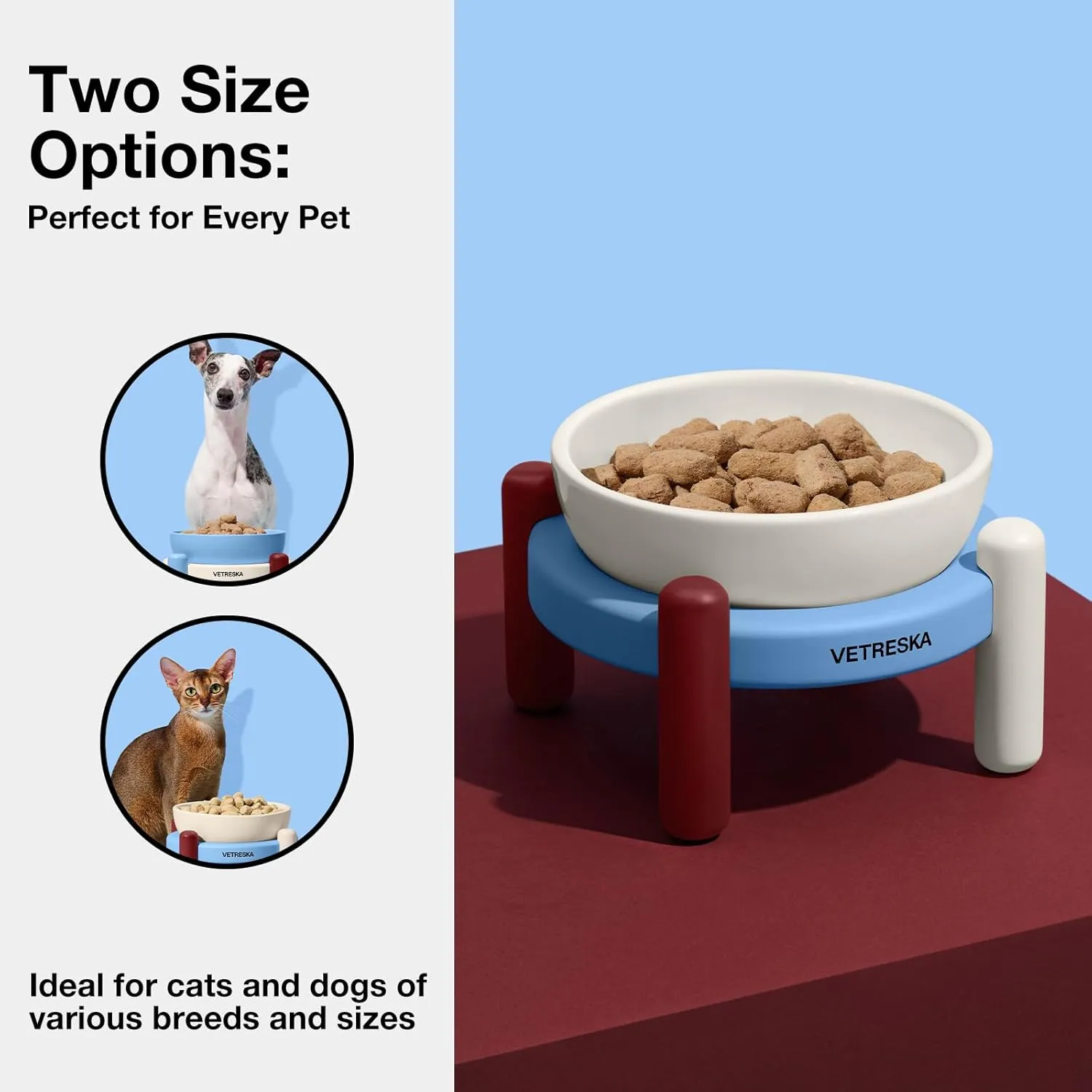 VETRESKA Elevated Dog Bowl, Ceramic Raised Dog Bowl with Bamboo Stand, Food Water Bowls, Doggie Feeding Dish Suitable for Cats and Small/Medium Dogs(White, 15.2OZ)