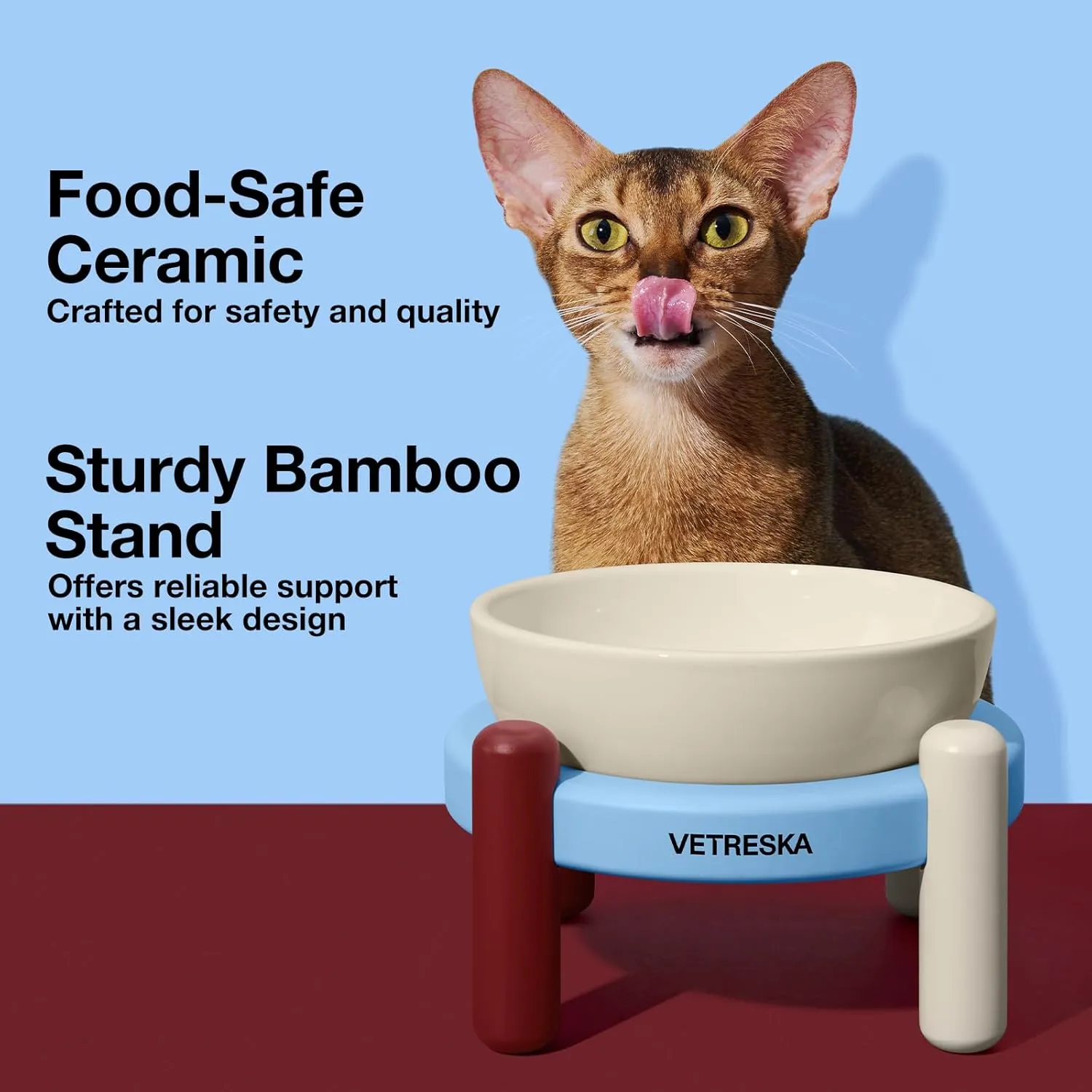 VETRESKA Elevated Dog Bowl, Ceramic Raised Dog Bowl with Bamboo Stand, Food Water Bowls, Doggie Feeding Dish Suitable for Cats and Small/Medium Dogs(White, 15.2OZ)