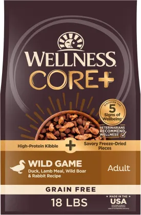 Wellness CORE  (Formerly RawRev) Dry Dog Food with Freeze Dried Pieces, Grain Free, High Protein, Natural, Wild Game Duck, Lamb, Wild Boar, & Rabbit Recipe, (18-Pound Bag)