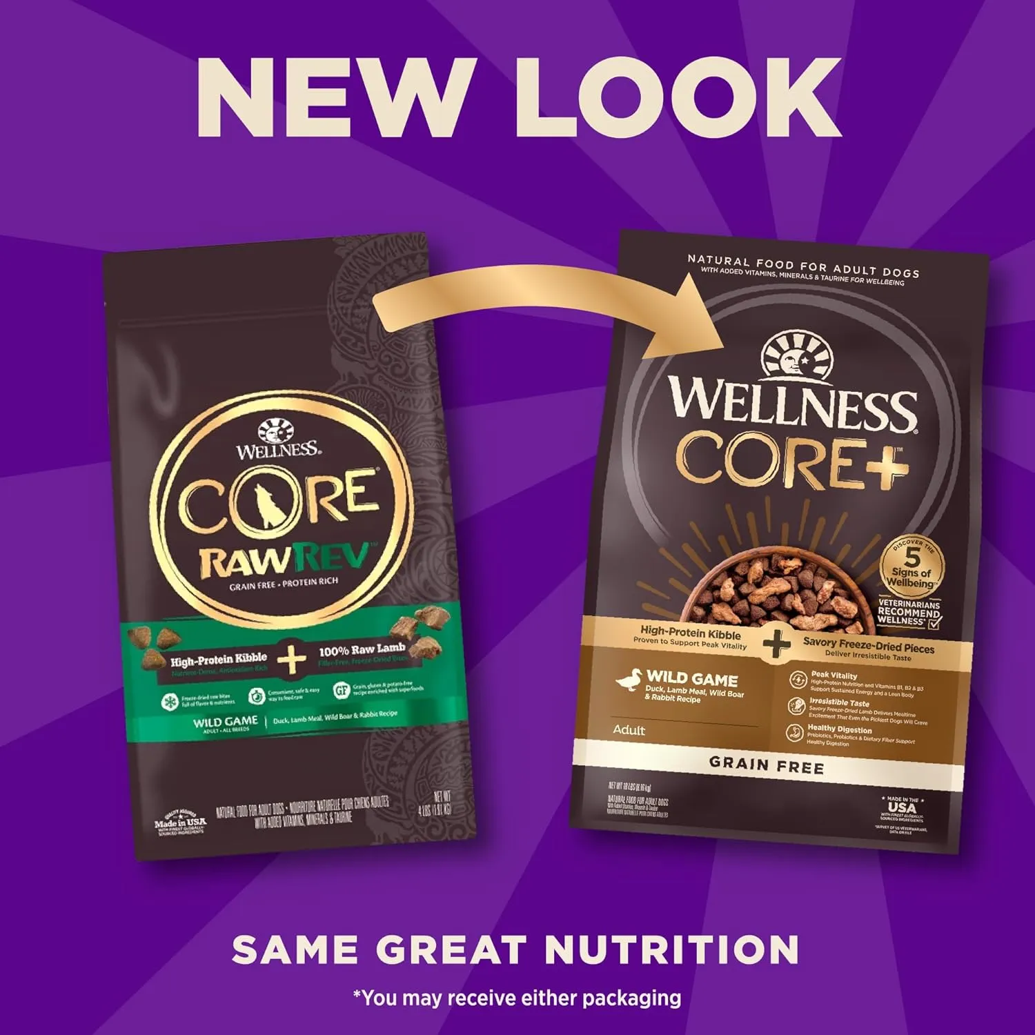 Wellness CORE  (Formerly RawRev) Dry Dog Food with Freeze Dried Pieces, Grain Free, High Protein, Natural, Wild Game Duck, Lamb, Wild Boar, & Rabbit Recipe, (18-Pound Bag)
