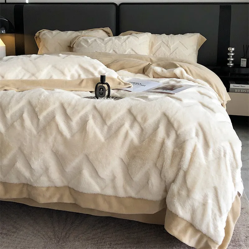 Winter Rabbit Plush Four-Piece Velvet Warm Flannel Bed Set