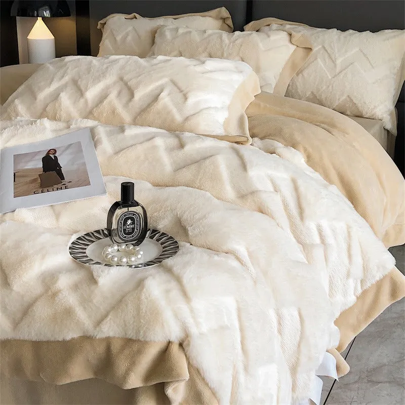 Winter Rabbit Plush Four-Piece Velvet Warm Flannel Bed Set