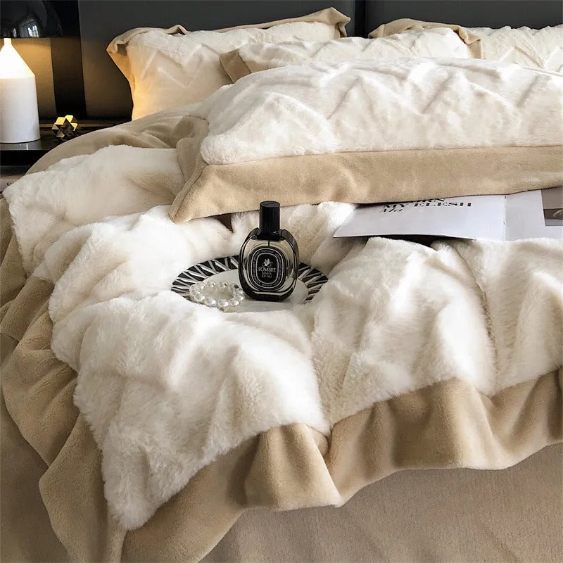 Winter Rabbit Plush Four-Piece Velvet Warm Flannel Bed Set